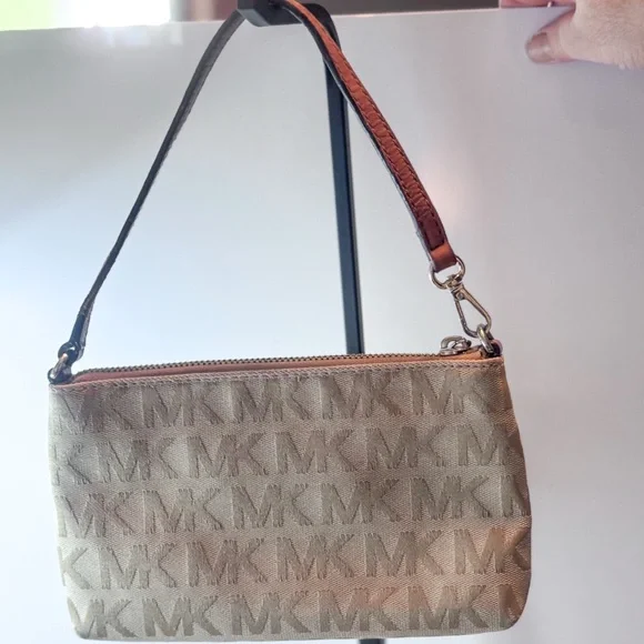 Michael Kors MK Logo Wristlet Shoulder Bag | Beige Tan Canvas - Picture 3 of 11